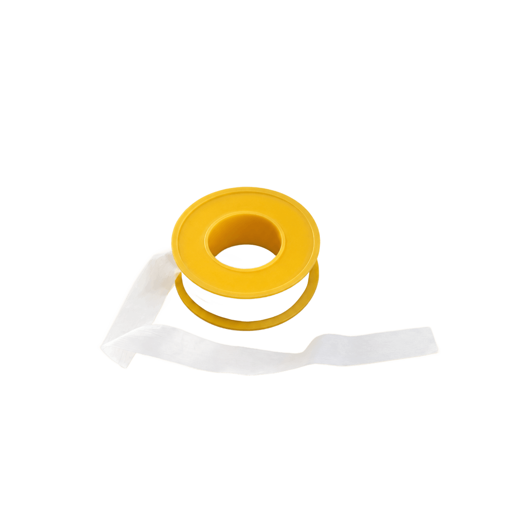A yellow spool of PTFE thread-seal tape with a loose white ribbon.