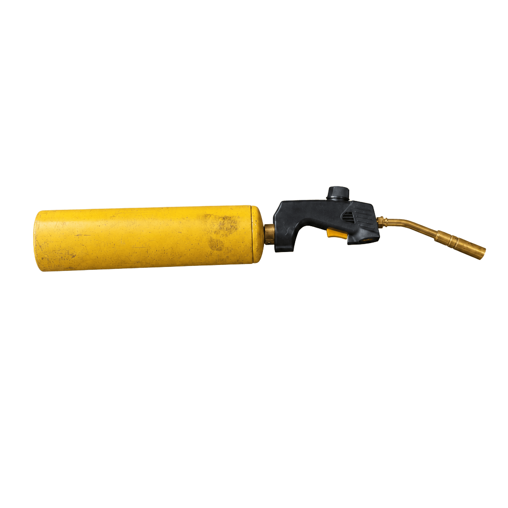 A yellow propane torch cylinder with brass burner head.